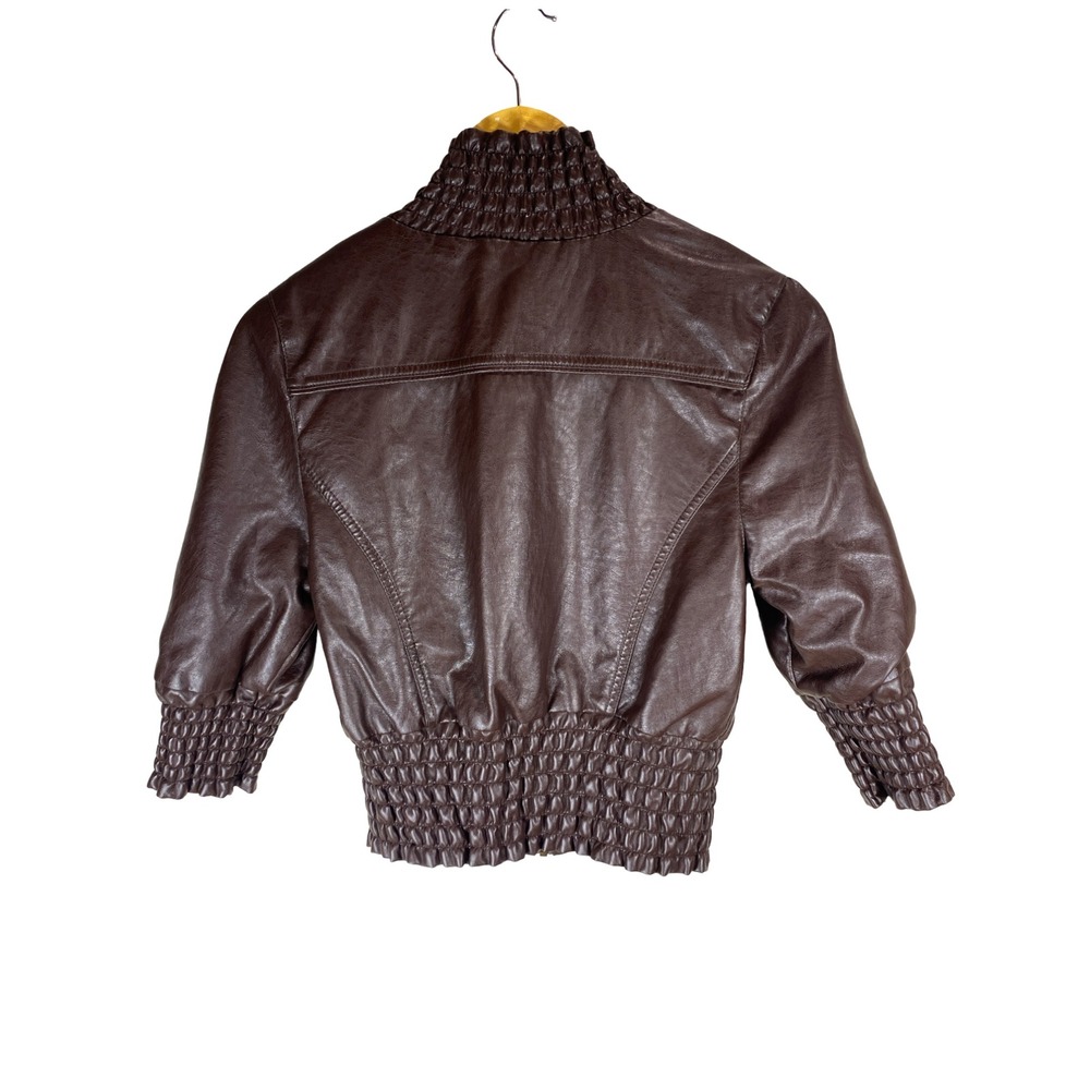 Therapy Brown Vegan Leather Smocked Bomber Jacket Womens Small Edgy Street  Moto - Picture 3 of 10